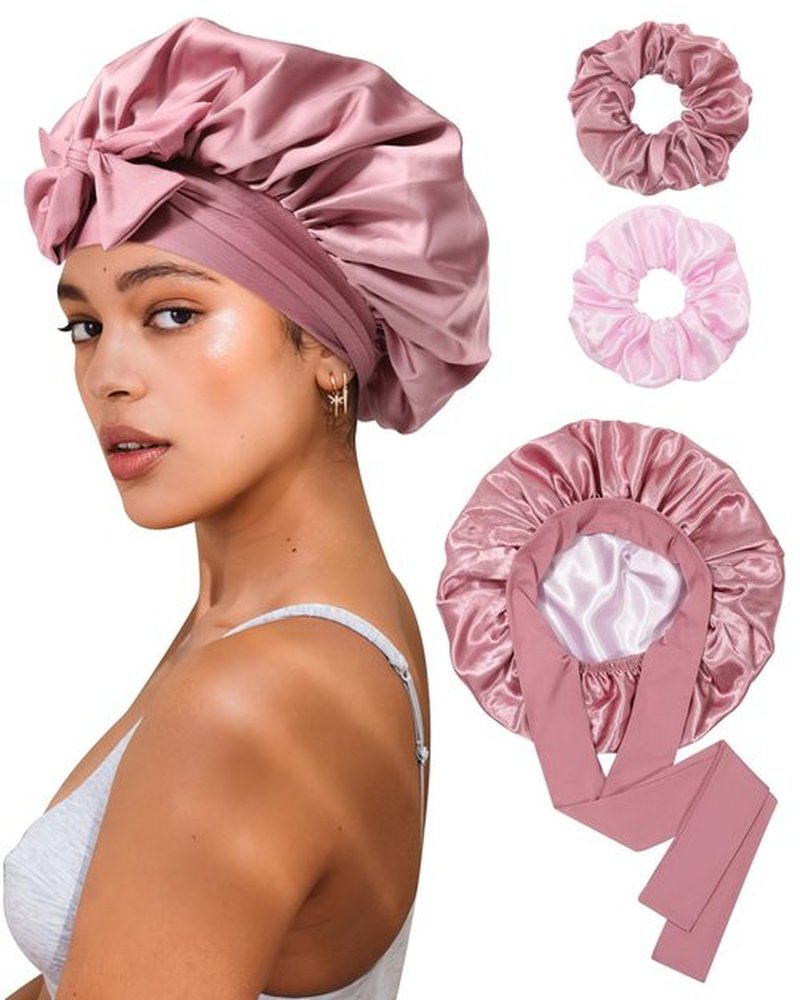 Reversible Satin Bonnet for Sleeping Women Silk Bonnet Double Layer Hair Bonnet with 2PCS Hair Scrunchies Elastic Tie Band Night Cap Hair Wrap for Natural Curly Hair (Bean Paste + Pink)