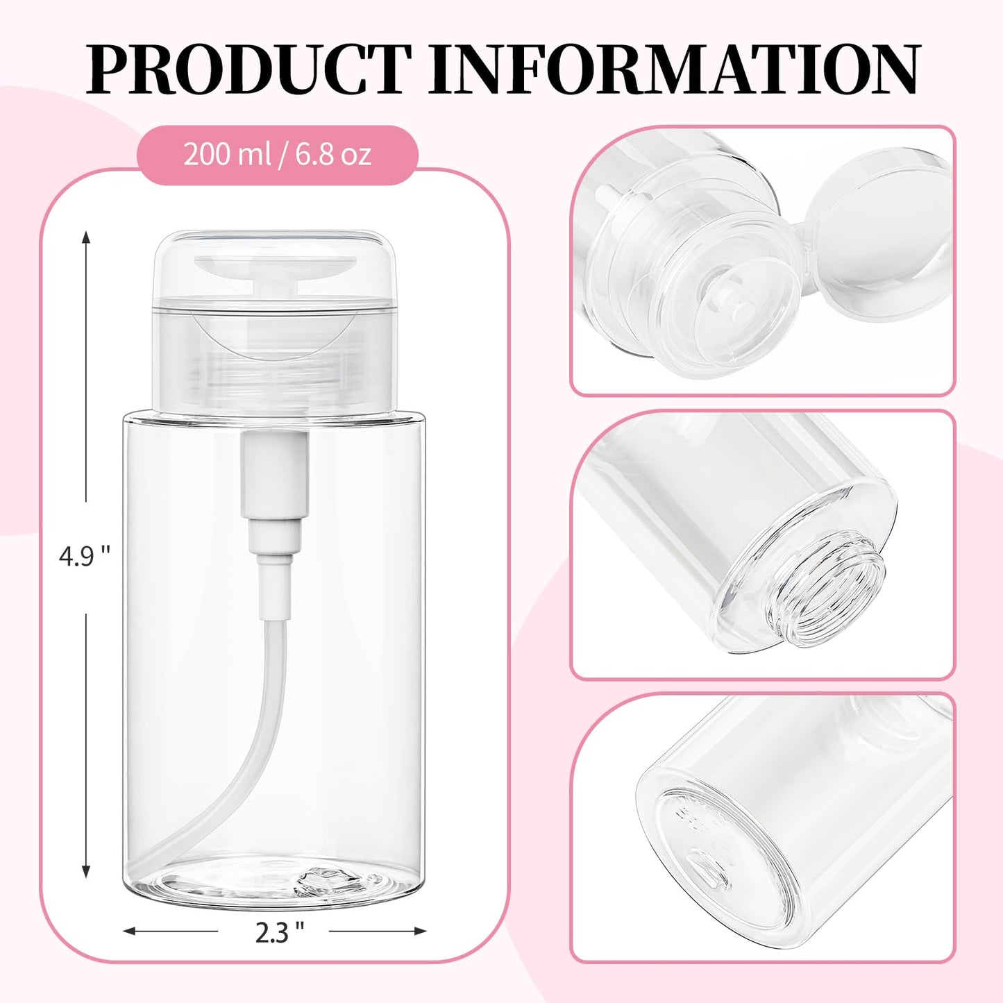 3 Pack Push Down Pump Bottle Dispenser for Makeup Remover, Facial Toner, Micellar Water, Alcohol, Nail Polish Remover Empty Push Top Bottles Containers 6.7oz/200ML
