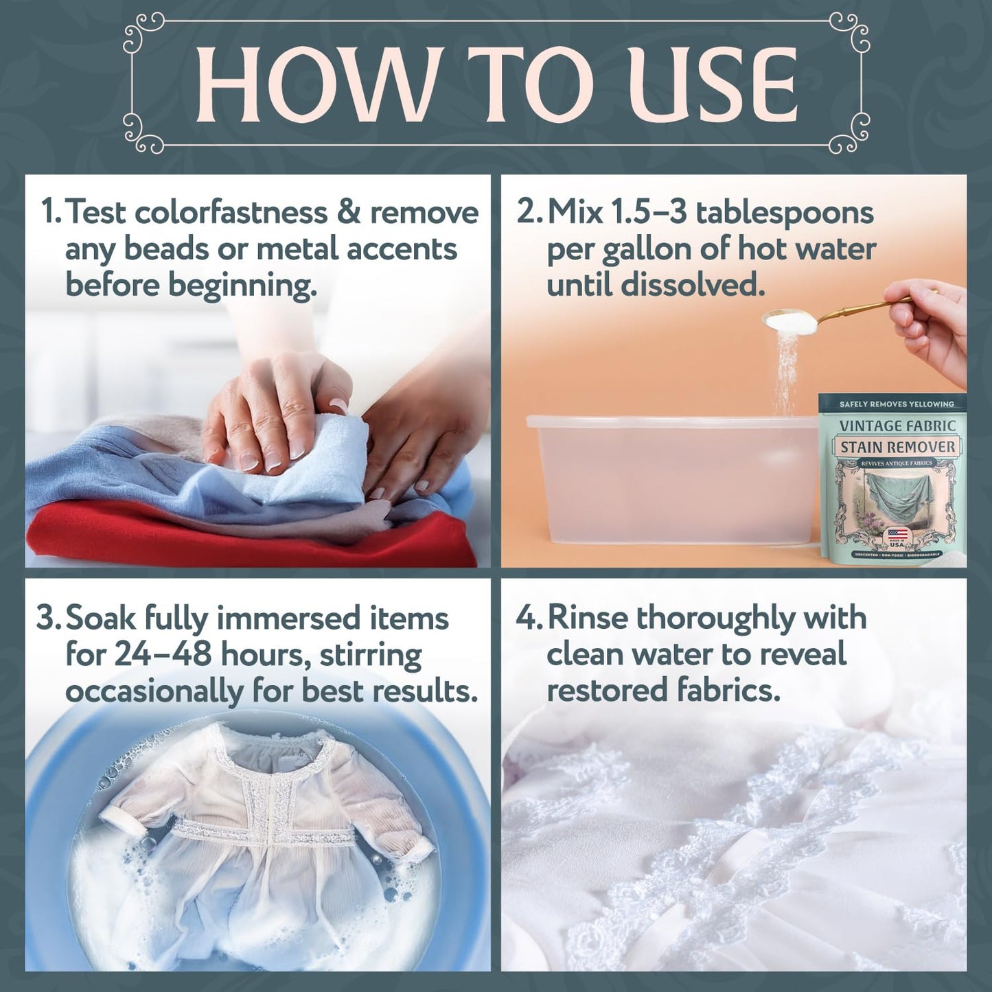 Vintage Fabric Stain Remover - Safely Cleans Retro & Antique Textiles - Made in the USA - Gently Removes Yellowing & Tough Stains From Vintage Linens, Quilts, Dresses, Doilies (Pack of 1)