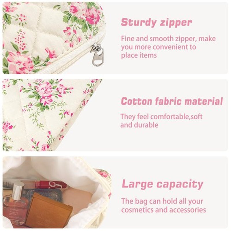 URSKYTOUS 3Pcs Cotton Quilted Makeup Bag for Women Girls Large Small Travel Pink Floral Cosmetic Bags Set Cute Coquette Makeup Pouch for Purse Aesthetic Cloth Flower Storage Toiletry Bag Organizer