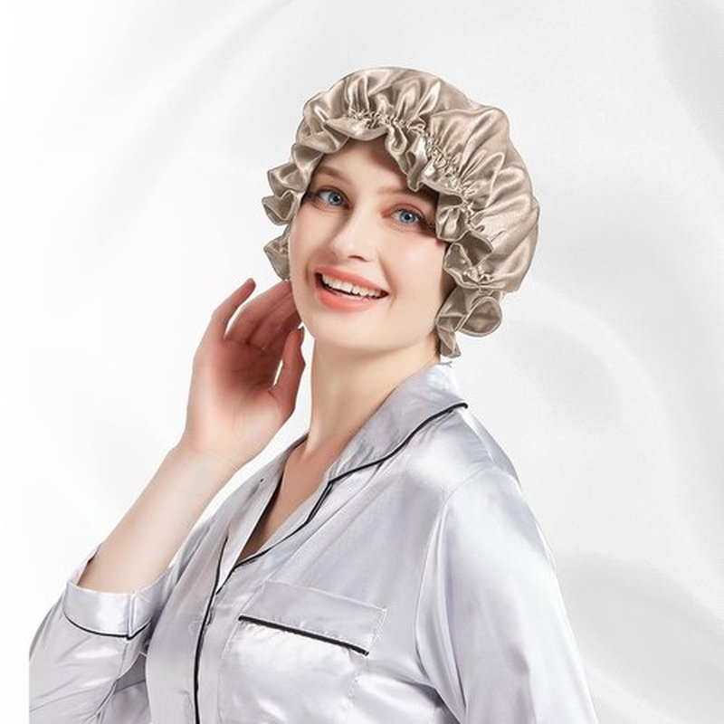 Silk Bonnet for Hair Care, Natural Silk Cap for Sleeping and Shower, Double-Lined, 6A-grade Mulberry Silk Turban Beige