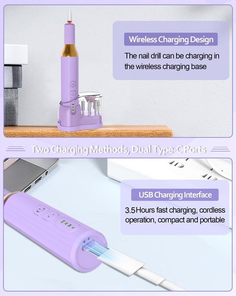 DEEHENK Nail Drill,Cordless Electric Files for Gel Nails E-File Manicure Kit Women Rechargeable Wireless Drill para Uñas Profesional Machine Grinder Acrylic Purple