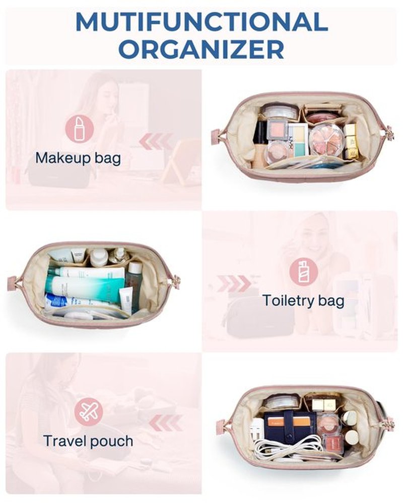 BAGSMART Makeup Bag Travel Toiletry Bag, Puffy Padded Make Up Bags for Women Makeup Organizer Case, Wide-open Pouch Purse Travel Essentials Toiletries Accessories Brushes, Dark Pink