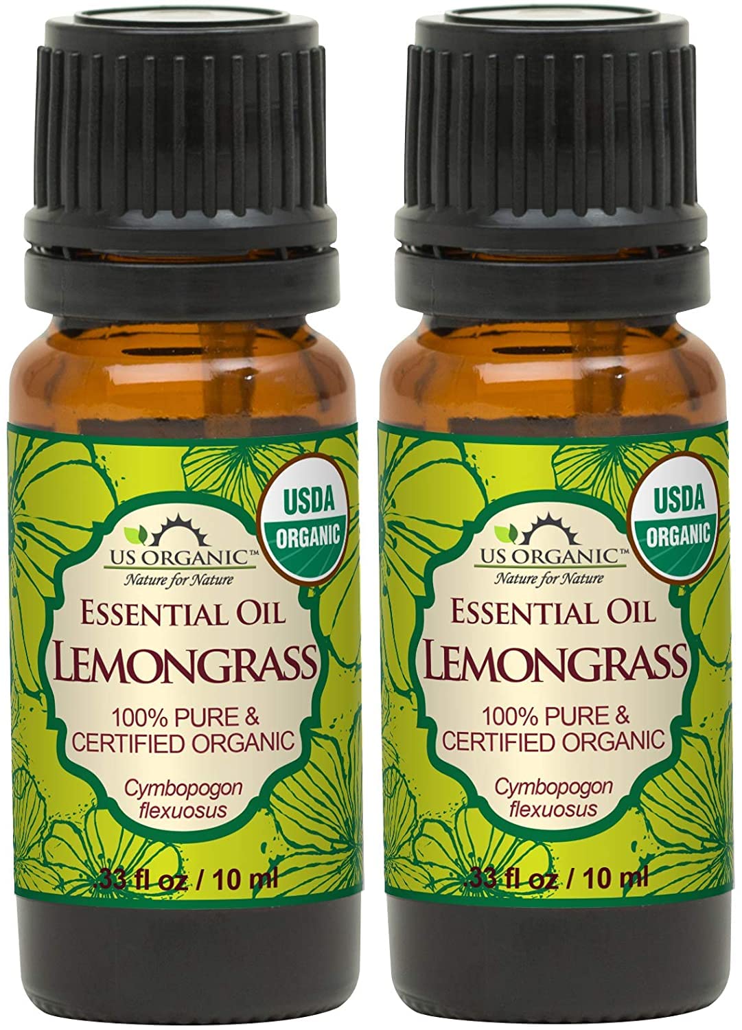 US Organic 100% Pure Lemongrass Essential Oil, USDA Certified Organic, Extracted by Steam Distillation Method, for Hair, Nail Polish Remover, Bees Attraction, and More. 10 ml, Value 2 Pack