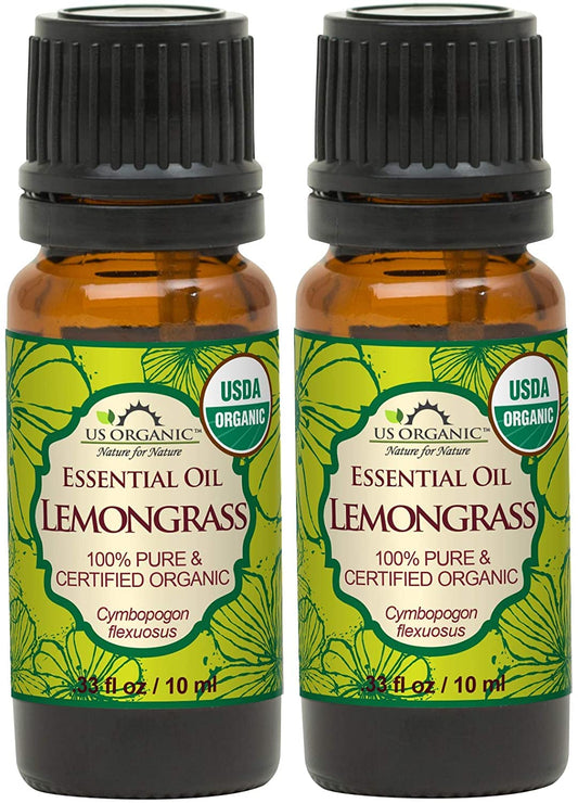 US Organic 100% Pure Lemongrass Essential Oil, USDA Certified Organic, Extracted by Steam Distillation Method, for Hair, Nail Polish Remover, Bees Attraction, and More. 10 ml, Value 2 Pack