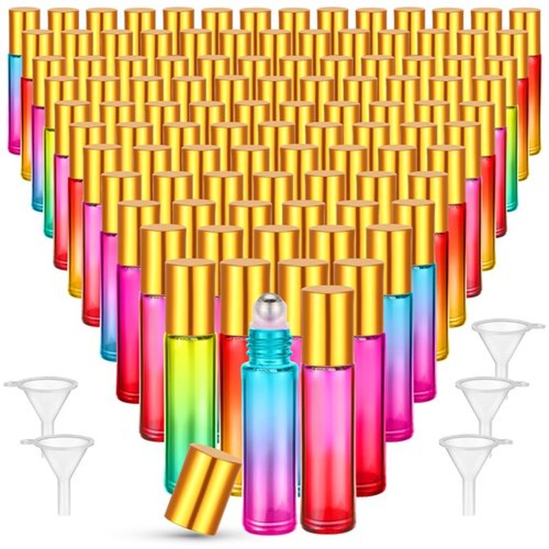 SEEWEY 96 Pcs Essential Oil Roller Bottles 10ml Empty Glass Roller Bottles with Stainless Steel Roller Balls Protection Leakproof with 5 Funnel for Travel Perfume Lip Gloss (Gradient Color)