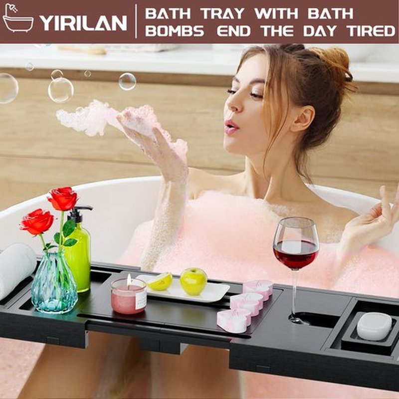 Yirilan Bathtub Caddy Tray, Foldable Bathroom Tray with Extending Side, and Waterproof Fabric Bookshelf, Luxury Bath Tray for 1 or 2 Person Bath and Bed Tray - Sister Gifts