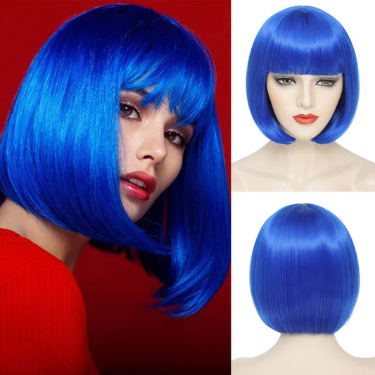 YBYMCAI Blue Bob Wig With Bangs Short Blue Bob Wigs For Women Straight Bob Bangs Wig 10 Inch Heat Resistant Synthetic Hair Natural Looking For Daily Party Use