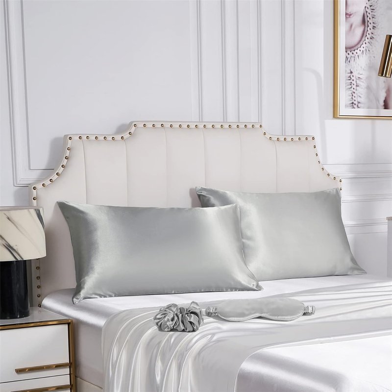 Satin Pillowcase Set for Hair & Skin | Vegan Silk Luxury Sleep Set - 2 Pillowcases, Eye Mask & Scrunchie in Silver Gray