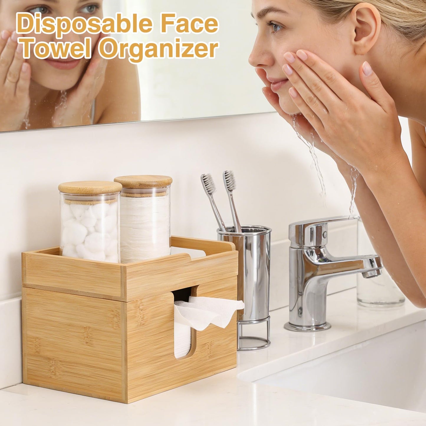 InnJoey Bamboo Face Towel Holder with 120 XL Towels - Open-Top Skincare Organizer for Facial Cleansing Wipes & Beauty Essentials - Bathroom Countertop Vanity Organizer