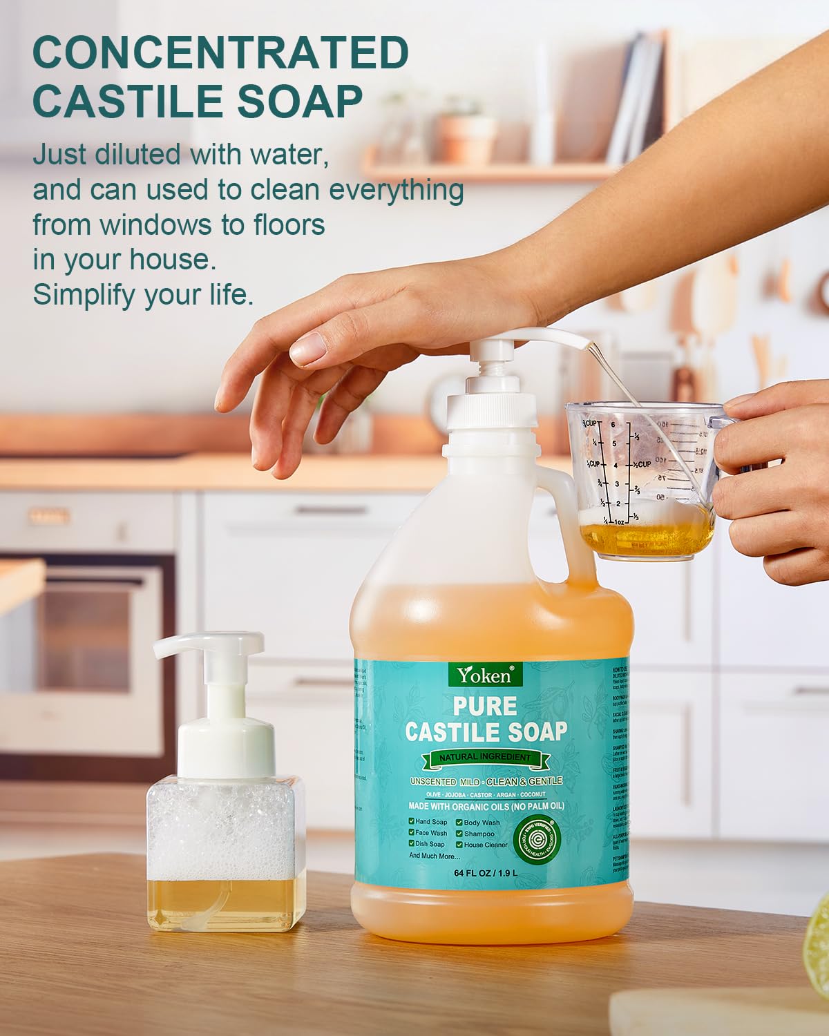 Yoken Pure Castile Liquid Soap 64 Oz Unscent Body Hand Wash Dish with Pump