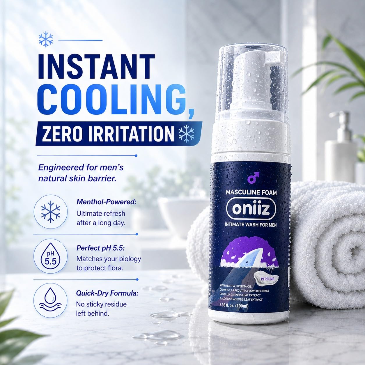 ONIIZ Masculine Foam Men’s Intimate Wash for Odor & Itch Control, pH Balanced Cleanser for Sensitive Skin with Aloe, Chamomile & Green Tea – Perfume (Light Fresh Scent) 3.38 fl oz