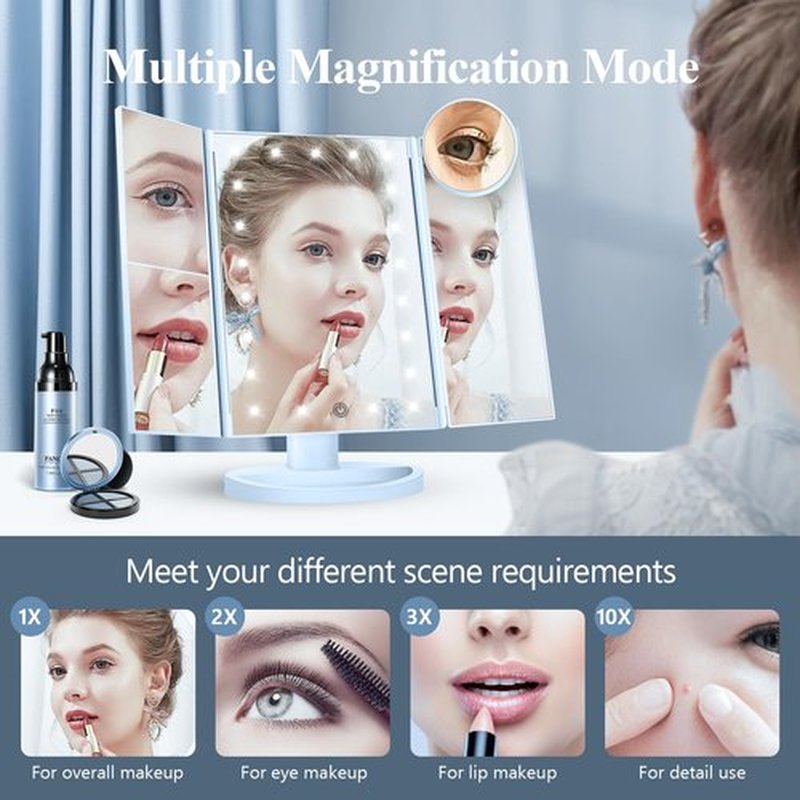 HUONUL Makeup Mirror Vanity with Lights, 2X 3X 10X Magnification, Lighted Mirror, Touch Control, Trifold Dual Power Supply, Portable LED Women Gift (Blue)