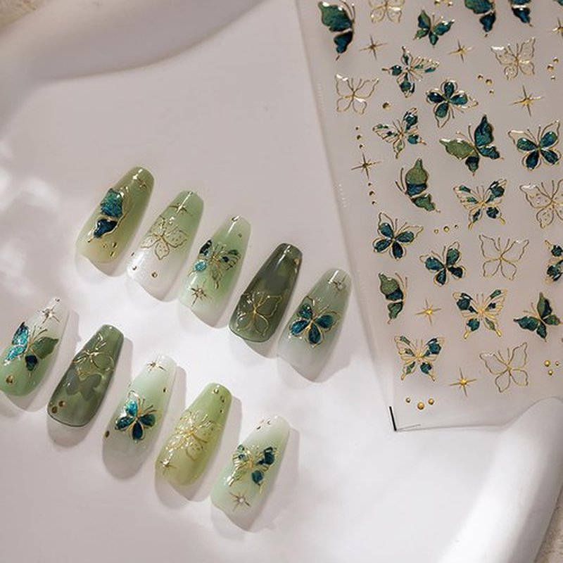Butterfly Nail Art Stickers Decals, 5D Embossed Nail Art Supplies Cute Nail Design Green Butterfly Nail Decals for Nail Art Self Adhesive Gold Butterfly Nail Stickers for Women DIY Manicure Art 1Pcs