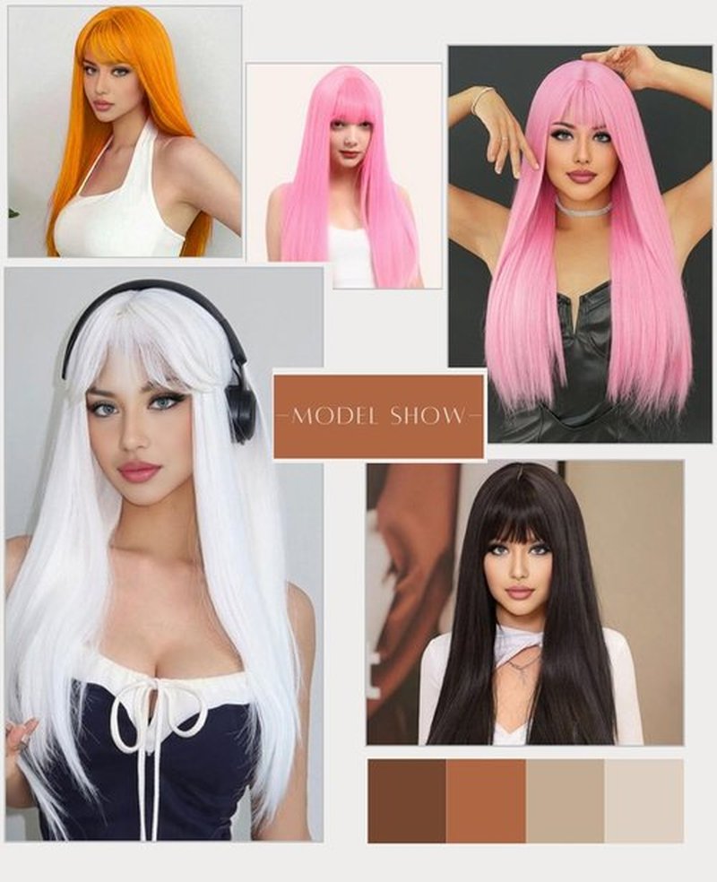 MaxlaceWig White Wig with Bangs for Women, Long 28 Inch Straight White Synthetic Bangs Wig, Natural Looking Heat Resistant Fiber Guleless Wig for Girls Daily Party Use, Halloween Wig Cosplay Wig