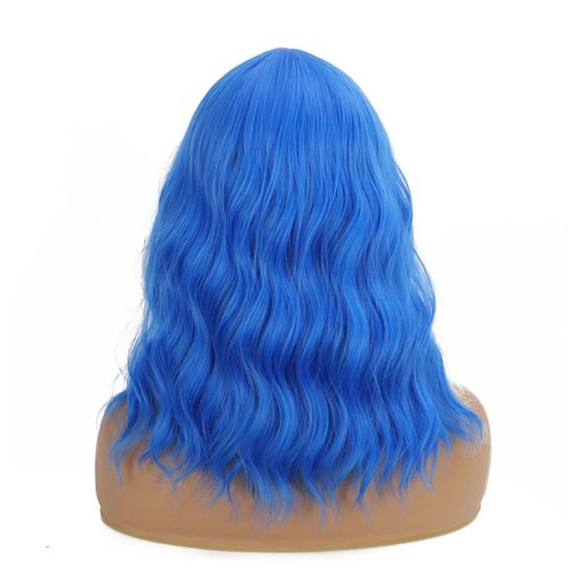 QACCF Short Wavy Shoulder Length Women Full Bang Heat Resistant Wig (Dark Blue)