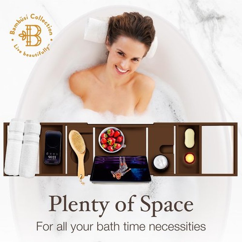 Foldable Bathtub Tray - Expandable Bamboo Bath Caddy with Wine, Book & Tablet Holder - Luxurious Bath Accessories, Perfect Spa Experience - Unique Gifts for Mom, Women, Couples, Housewarming (Brown)