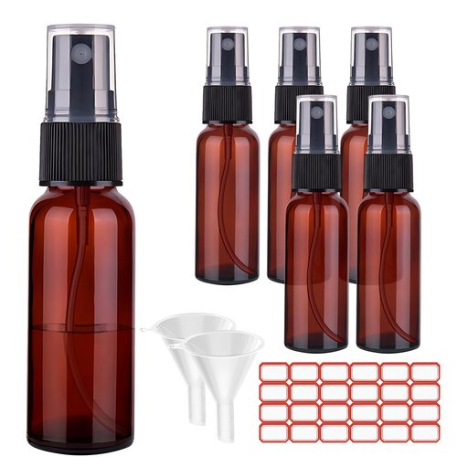 Zoizocp Spray Bottles, 2oz/50ml Amber Empty Fine Mist Plastic Mini Travel Bottle Set, Small Refillable Liquid Containers with 2pcs Funnels and 24pcs Labels (6 Pack)