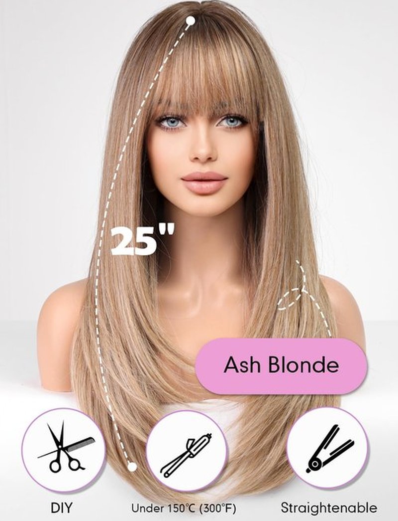 Getshow Ash Blonde Wigs for Women Layered Straight Long Wig with Bangs Natural Synthetic Hair with Dark Roots