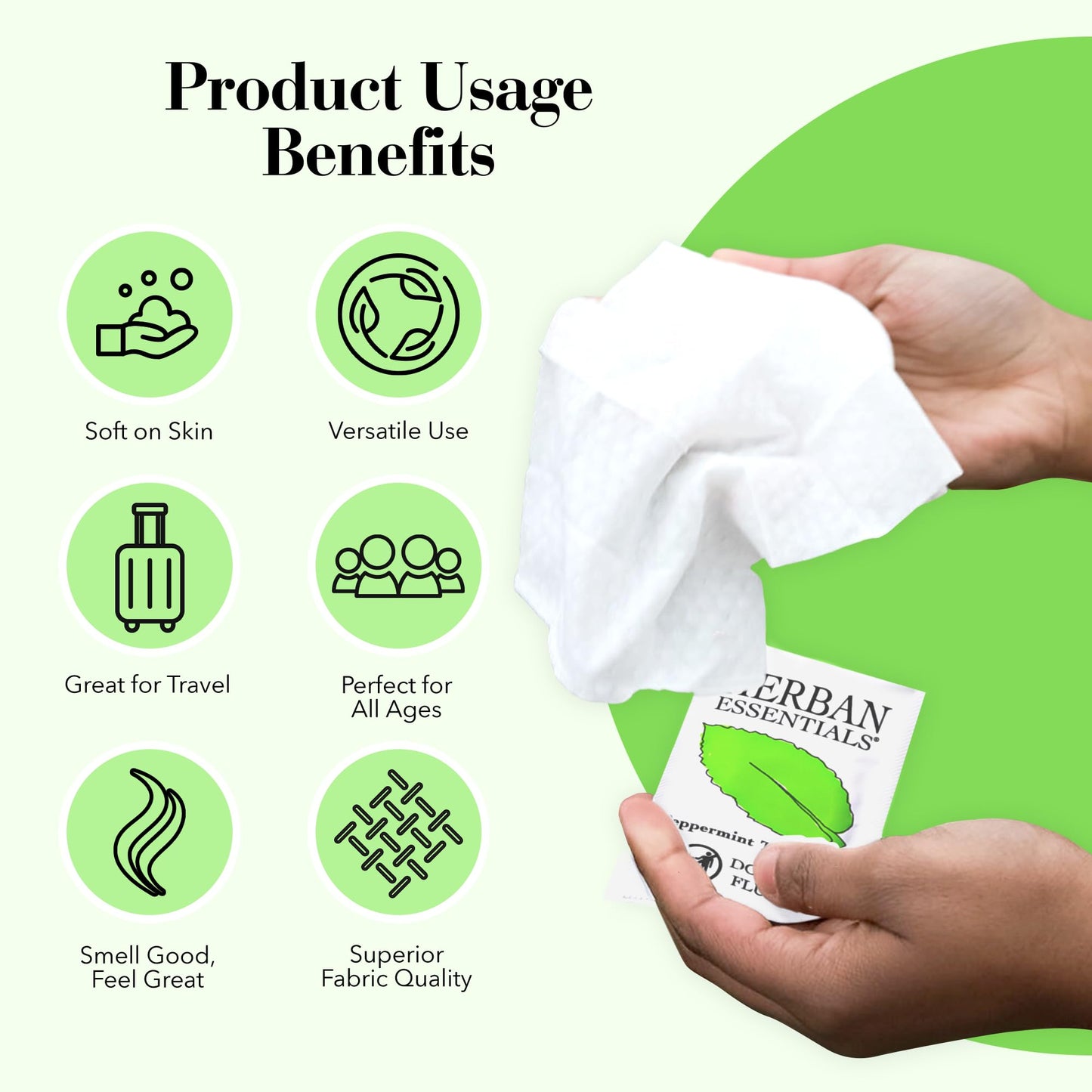 Herban Essentials - Peppermint Wipes & Towelettes - Essential Oil Wipes for Hands & Body - Travel Size Essentials and Toiletries - Natural, Individually Wrapped, Disposable & Moist Refresh (20 count)