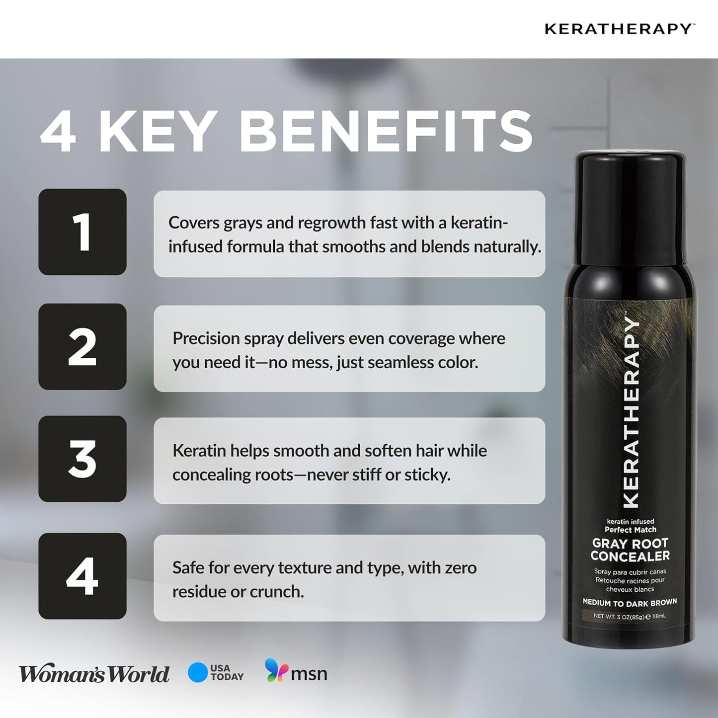 Keratherapy Keratin Infused Perfect Match Gray Root Concealer Spray, Light Brown, 3 oz, 118ml - Root Cover Up Spray to Hide Gray Roots - Keratin Therapy Hair Darkening & Temporary Scalp Concealer