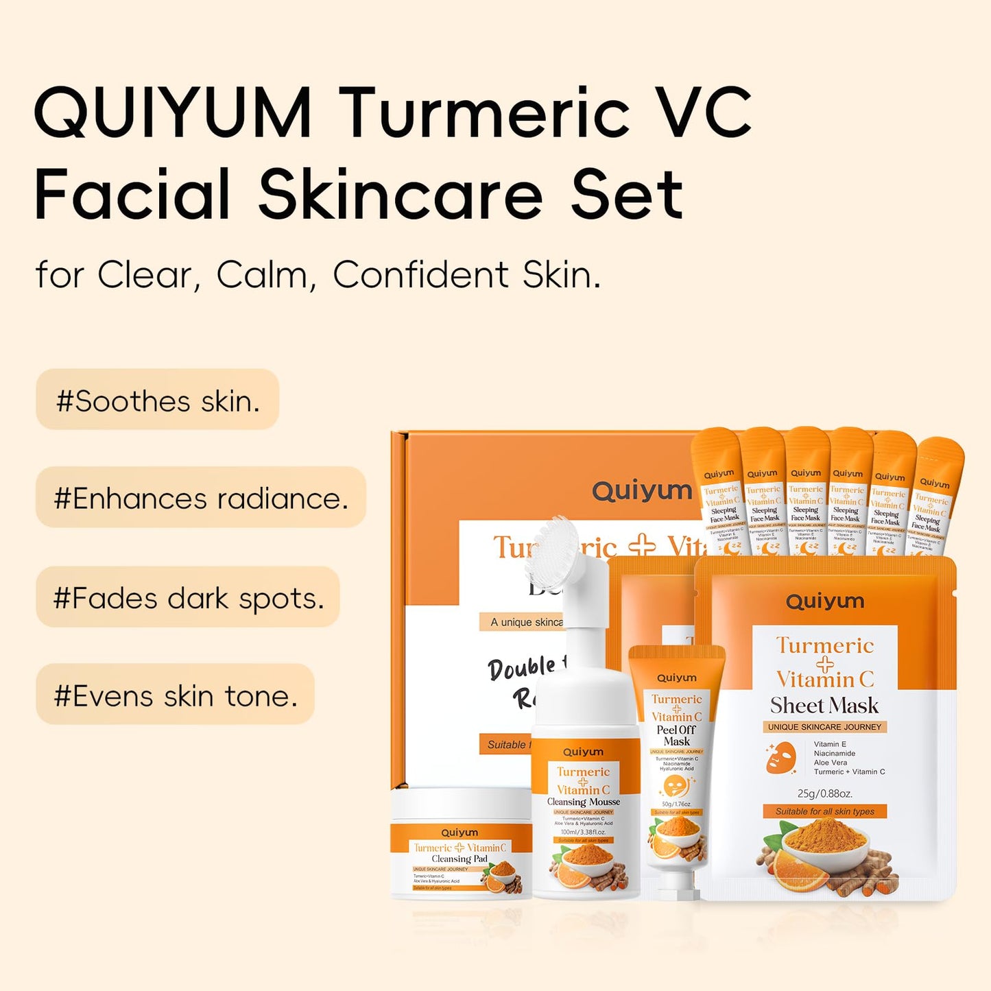 QUIYUM Turmeric Vit-C Facial Skincare Set, 5in1 Cleansing Kit for Oil Skin