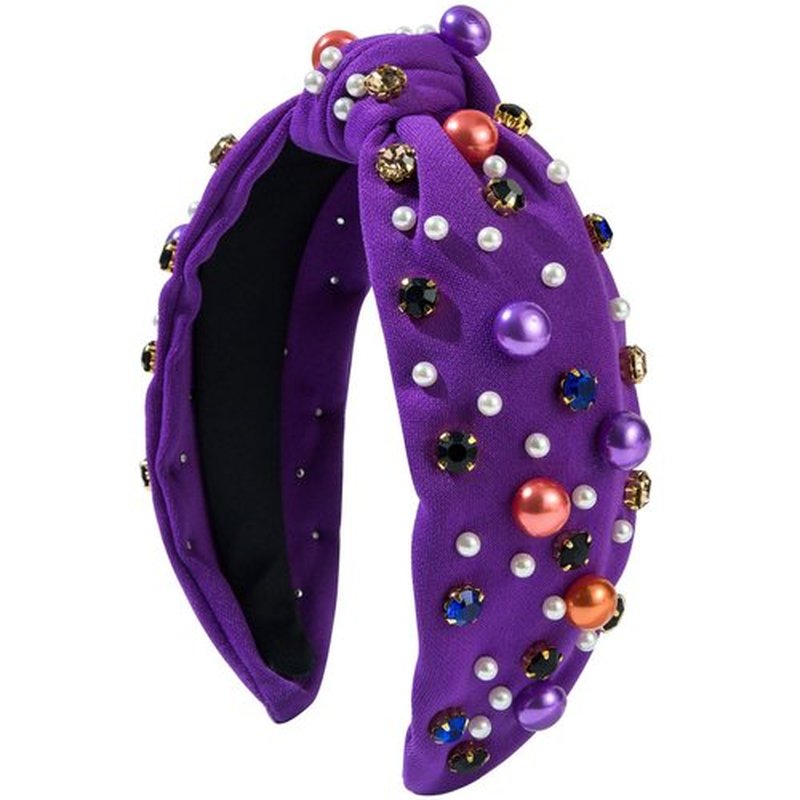 Halloween Head Bands for Women's Hair Knotted Headband With Pearl Rhinestone Hair Bands for Women's Hair Non Slip Wide Top Girls Headbands Crystal Beaded Headwear Halloween Accessories (Purple)