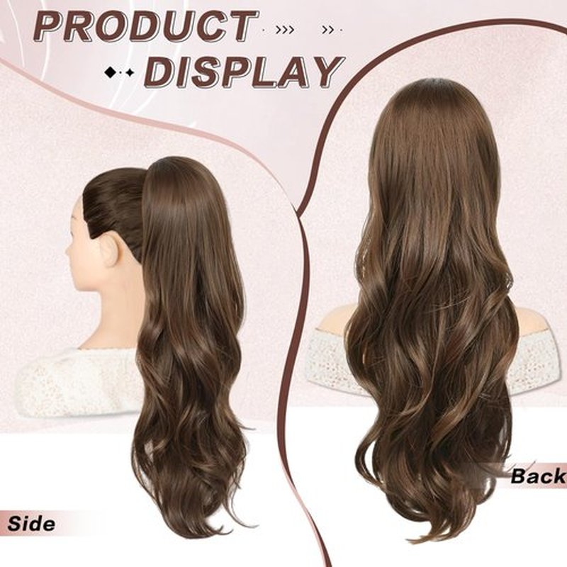 CHRSHN Ponytail Extension, Drawstring Ponytail Extension for Women 23 Inch Long Wavy Light Brown Pony Tails Hair Extensions Synthetic Clip in Ponytail Hairpiece for Women