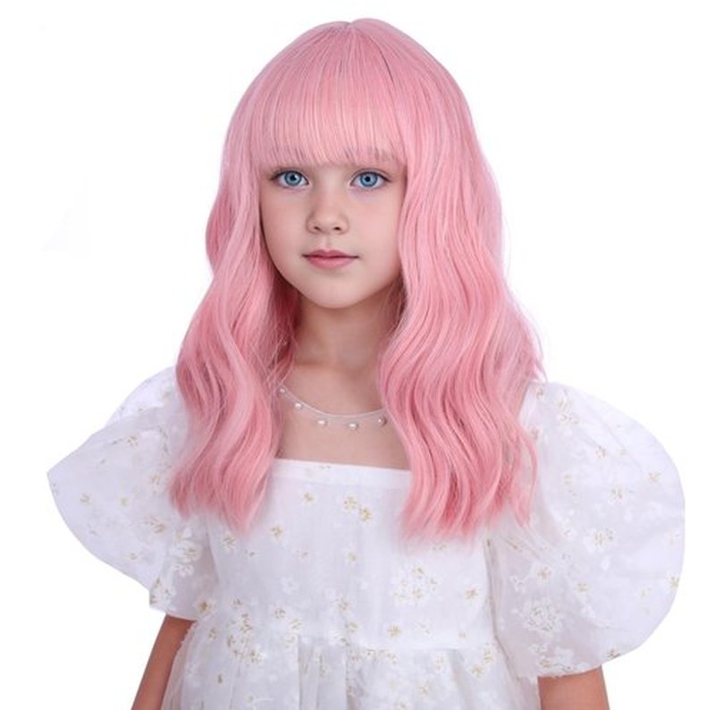 Edivd Pastel Pink Wig for Kids Girls Short Light Pink Wig with Air Bangs Short Pink Wavy Curly Wig for Child Heat Resistant Synthetic Wig with Wig Cap
