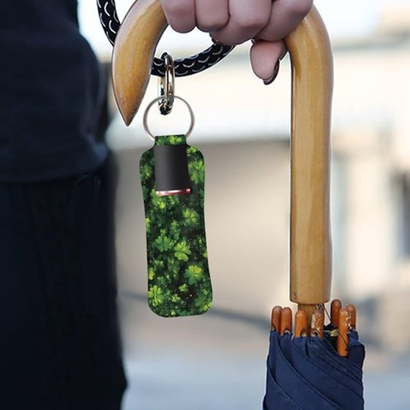 SEANATIVE St. Patrick's Day Green Leaf 5 Pieces Lipstick Keychain Holder Lip Balm Holder Keychain Clip on Sleeve Chapstick Lip Gloss Holder Colorful Lipstick Pocket Keychain Bag Accessories for Women