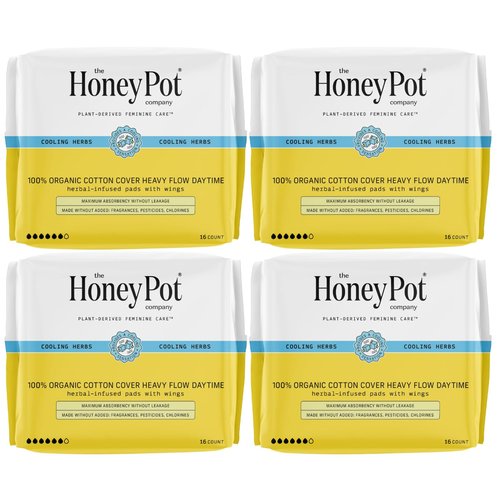 The Honey Pot Company - 64ct - Herbal Pads for Women - Heavy Flow w/Wings - Infused w/Essential Oils for Cooling Effect & Organic Cotton Cover - Sanitary Pads for Women - Feminine Care