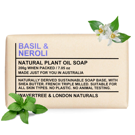 Wavertree & London Basil & Neroli Scented 100% Natural Soap Bar, 7oz Moisturizing French Triple Milled Soap Bar for Women & Men Enriched with Shea Butter, Pure Bath & Body Soap (1 Bar)
