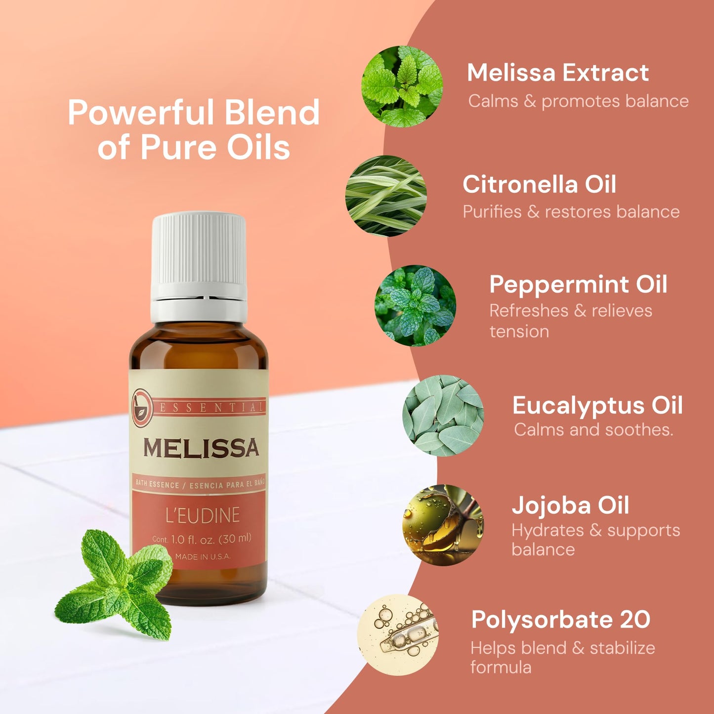 L’EUDINE Melissa Essential Oil – 1fl oz Therapeutic-Grade Lemon Balm Essential Oil – All-Natural Pure Lemon Balm Extract – Melissa Oil Essence for Aromatherapy, Stress-Relief, Muscle Discomfort