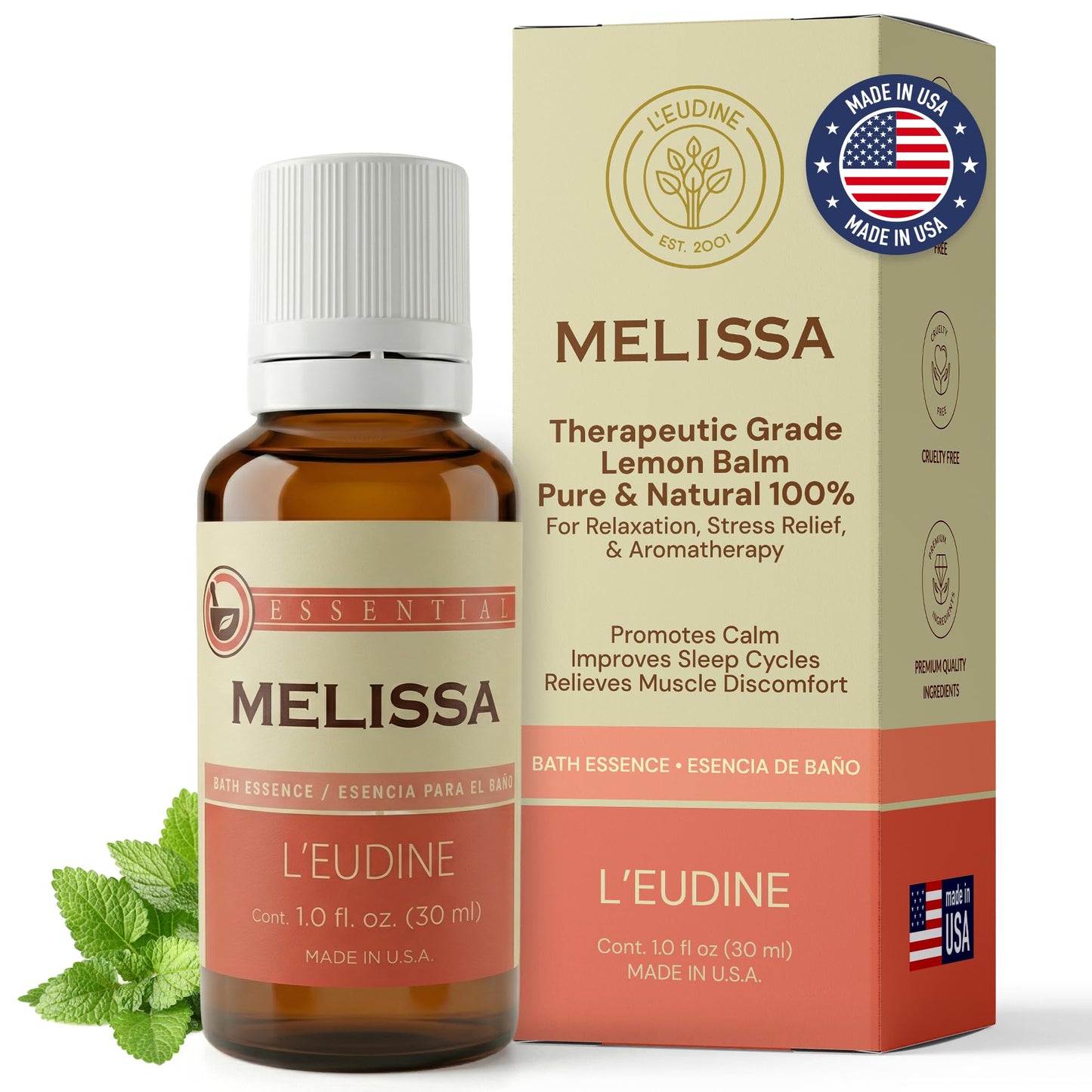 L’EUDINE Melissa Essential Oil – 1fl oz Therapeutic-Grade Lemon Balm Essential Oil – All-Natural Pure Lemon Balm Extract – Melissa Oil Essence for Aromatherapy, Stress-Relief, Muscle Discomfort