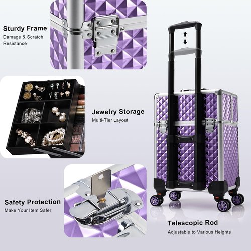 Stagiant Aluminum Rolling Makeup Train Case Large Organizer Cosmetic Trolley 4 Tray Sliding Rail Removable Middle Layer with Key Spinner Wheels Salon Barber Storage Case - Purple Diamond