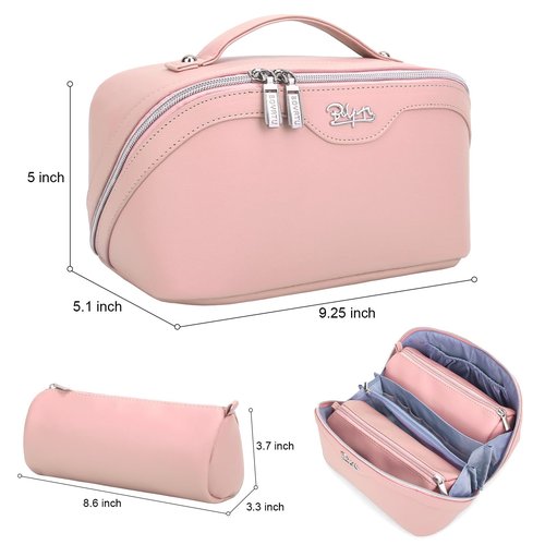 Travel Makeup Bags Cosmetic Organizer Bag: 3-Set Large Capacity Make up Bag - PU Leather Toiletry Bag for Women - Wide Open Portable Pouch with Divider & Handle (09-Jelly Pink)