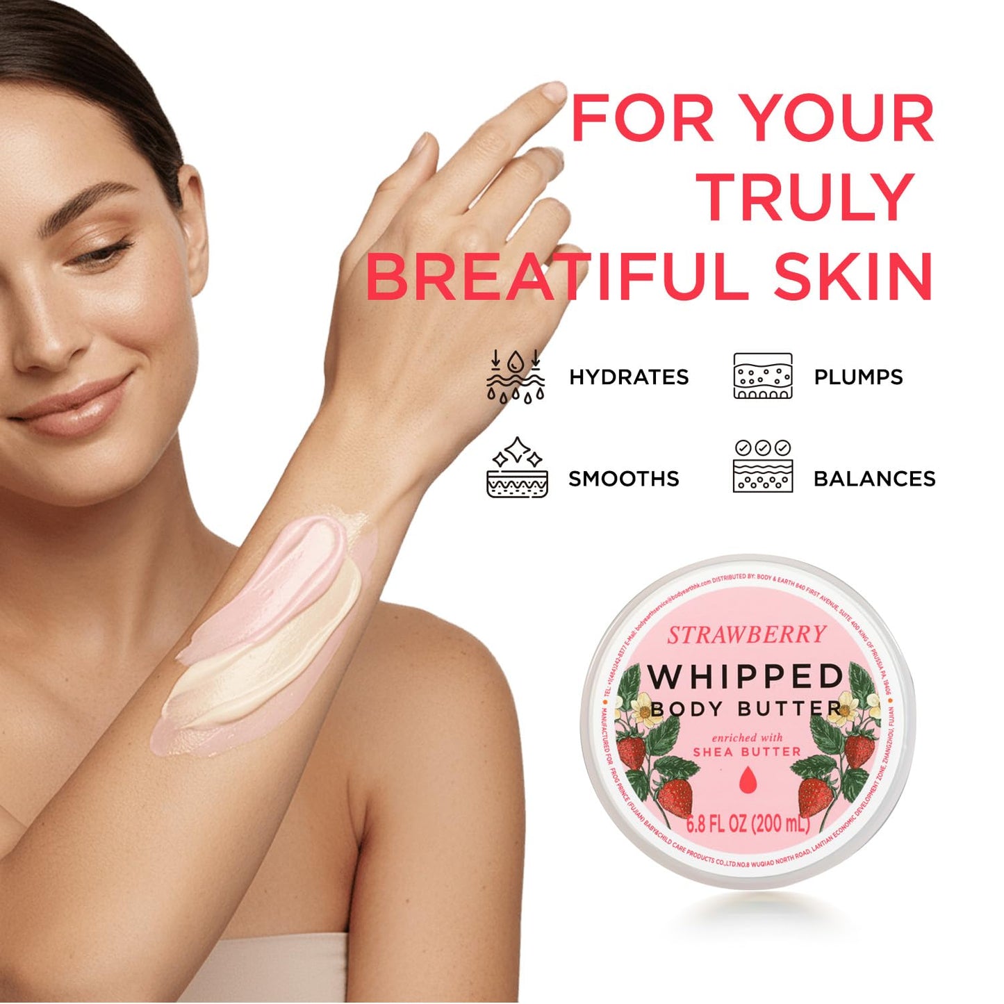 Princess Belle Strawberry Whipped Shea Body Butter, Body Moisturizer for Dry Skin, Smell Good, Strawberry Gifts for Women-2 Pack (3.4floz + 6.8 floz)