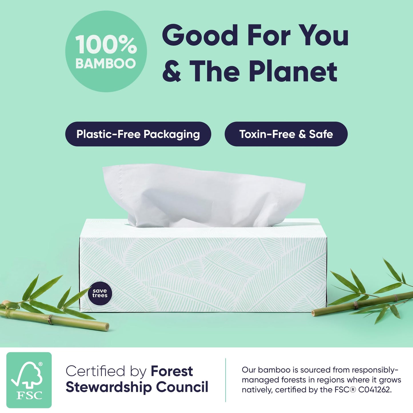 Save Trees Bamboo Facial Tissues - 12 Boxes of Eco-Friendly, 3-Ply Hypoallergenic Tissues, 90 Sheets per Box, FSC Certified, Plastic-Free Packaging, Soft & Gentle for Home Use