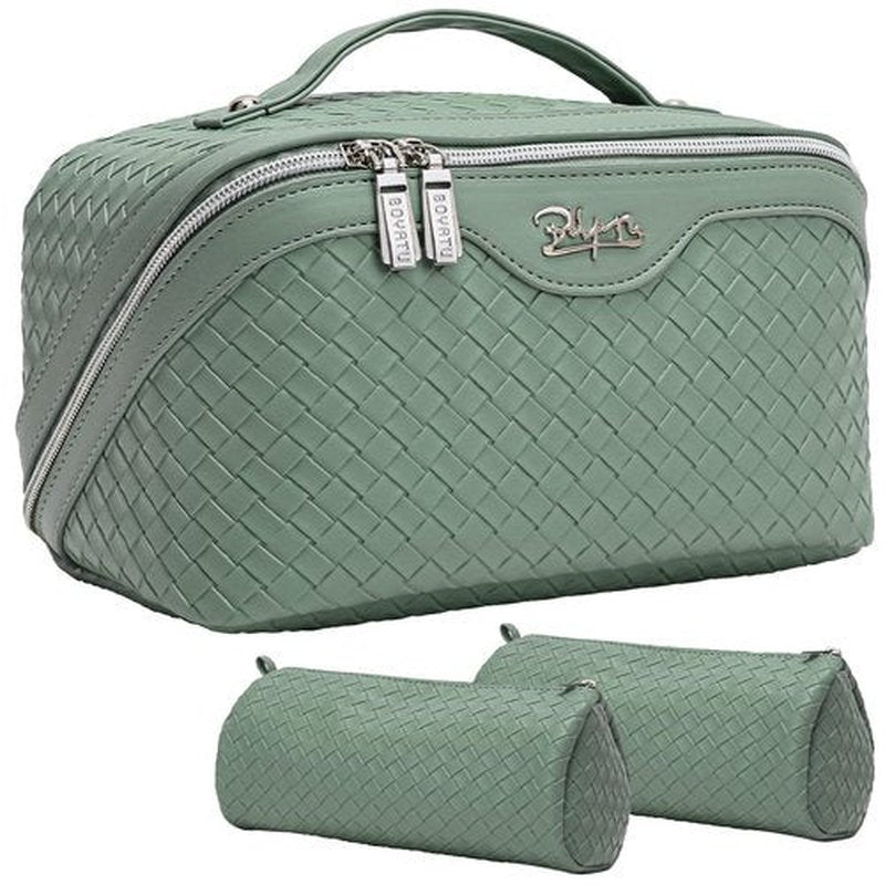 BOYATU Makeup Bag Travel Cosmetic Case: Large Capacity Woven Cosmetic Bag Organizer - Portable Toiletry Bags with Handle for Women 1-Z-Grass Green