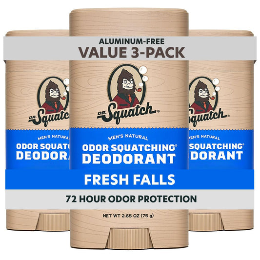 Dr. Squatch Natural Men's Deodorant - Aluminum-Free Charcoal & Postbiotics for 72-Hour Odor Protection | Fresh Falls, 2.65oz Stick (3-Pack)