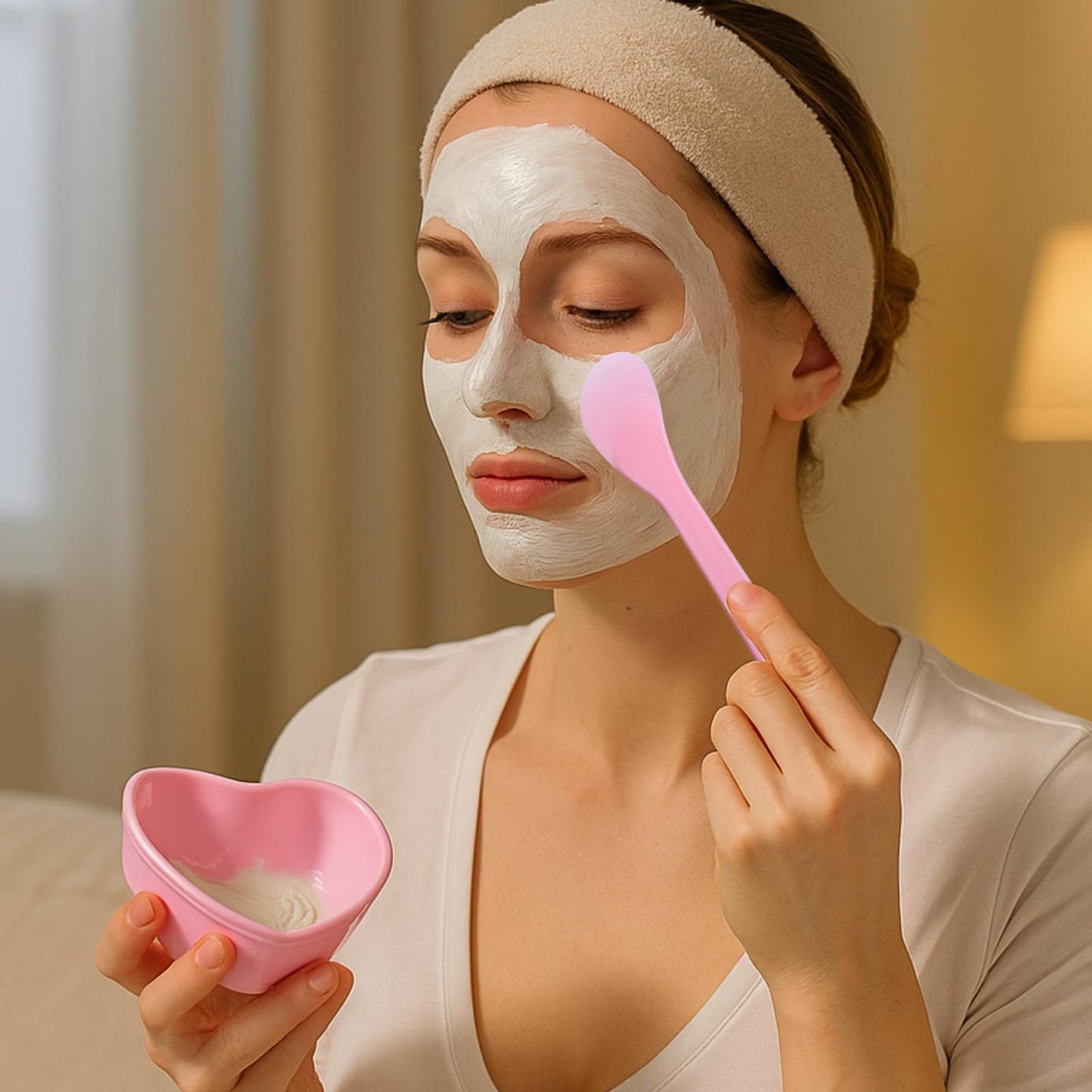 5 Sets Facial Mask Mixing Bowls Set with Stirring Spatula for Estheticians Plastic Heart Shaped Facemask Bowl Professional Mixing Tool Kit for Facial Mask, Mud Masks and Other Skincare Products, Pink