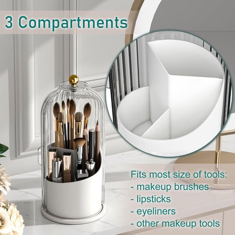 GAXmi Makeup Brush Holder with Lid Cosmetic Tools Organizer 360 Rotating Waterproof Dustproof Makeup Brushes Storage for Vanity, Transparent