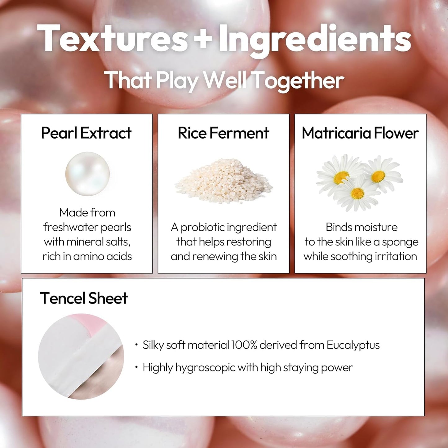 LAPCOS K Beauty Pearl Sheet Mask - Revitalizing & Refining Face Masks with Rice Ferment - Refines Uneven Texture & Dark Spots - Breathable Eucalyptus-derived Tencel Sheet Korean Skin Care (Pack of 10)