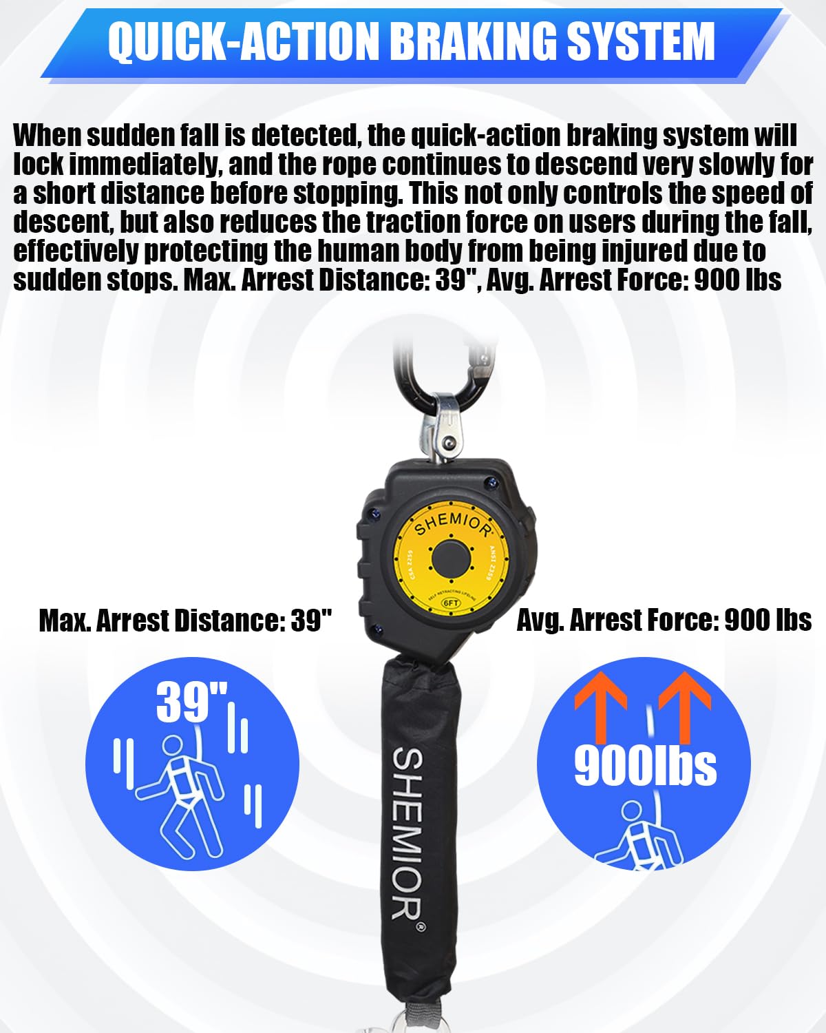 SHEMIOR 6FT Twin-Leg Self Retracting Lifeline, Swivel Top Lightweight Housing, Web SRL ANSI Self Retractable Safety Lanyard, Fall Arrest Protection Gear for Roofing Construction, Rebar Hook