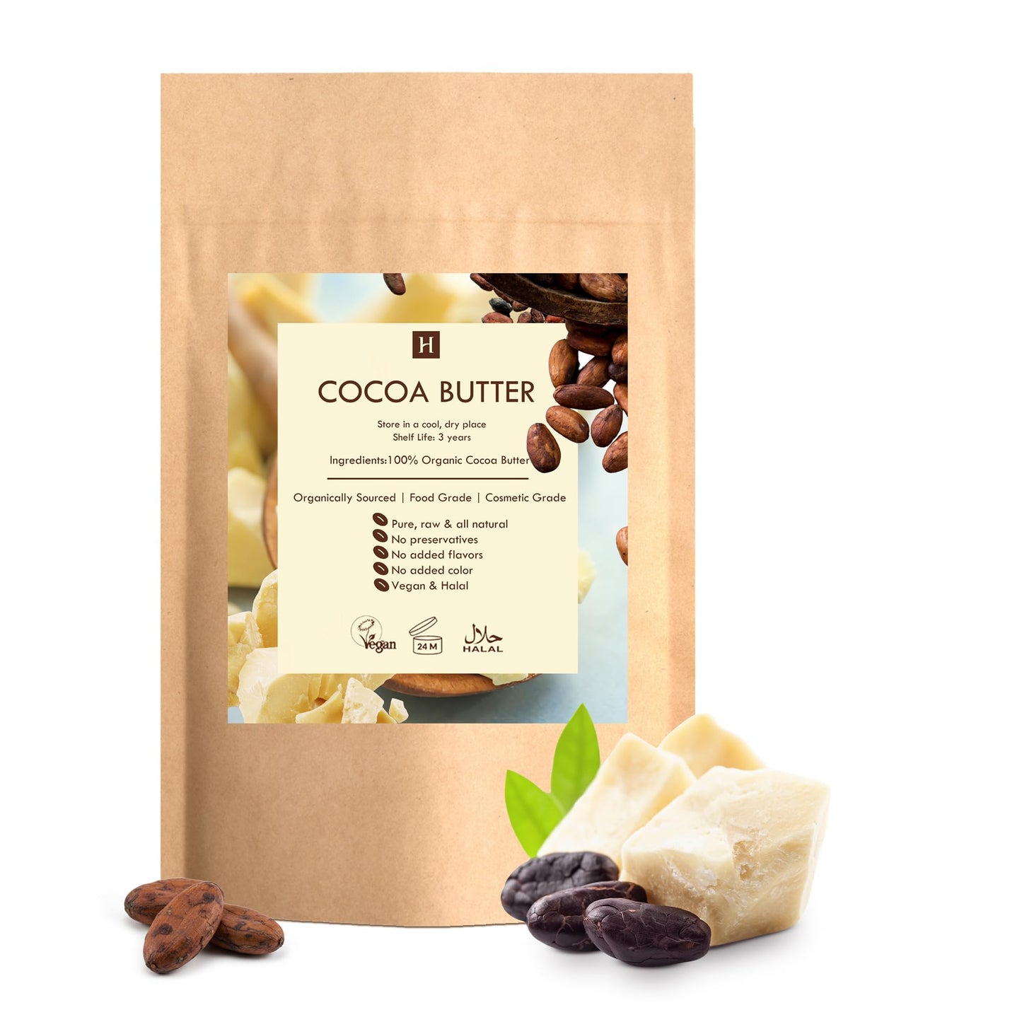 HalalEveryDay Raw Cocoa Butter 5 lb, Unrefined Cacao Butter (Manteca de Cacao) for Skin & DIY, Undeodorized Cocoa Bean Butter for Soap Making, Lotion, Cream & Lip Balm