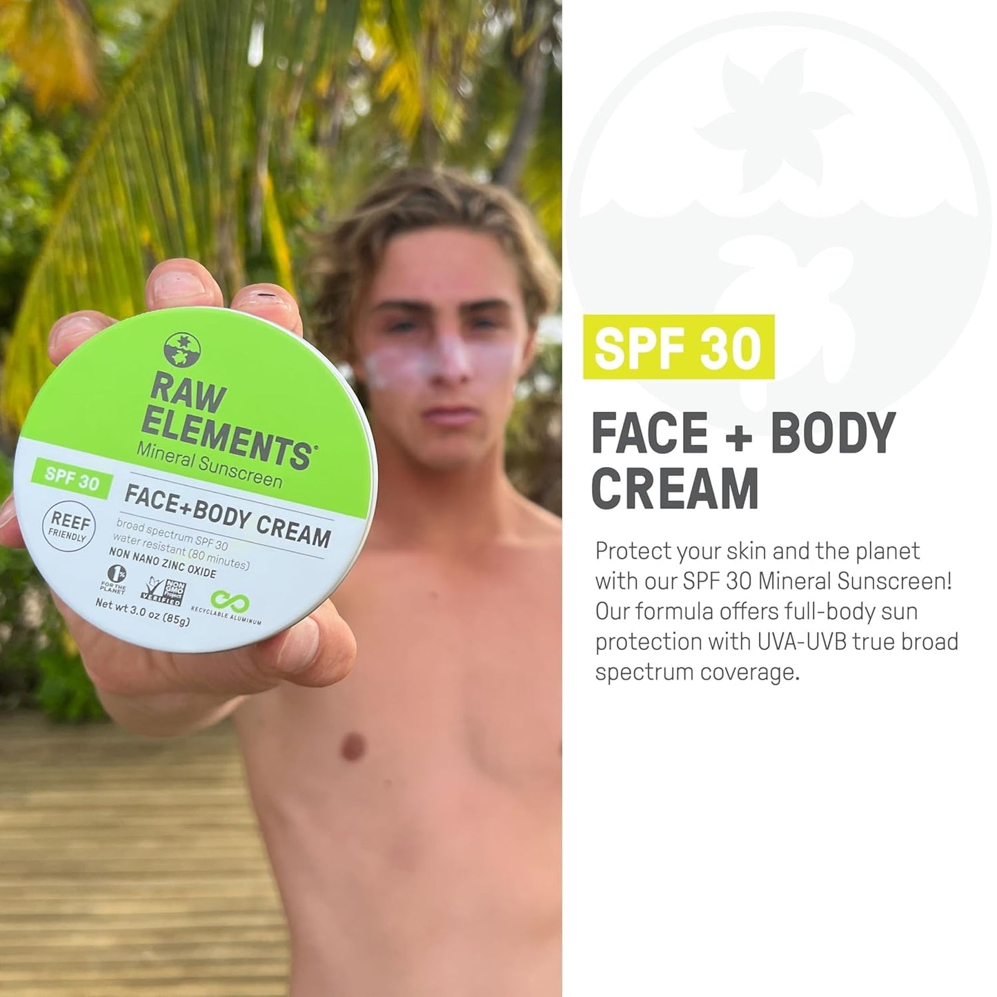 Raw Elements Baby & Kids SPF 30 Organic Sunscreen Tin, Non-Nano Zinc Oxide, Reef-Safe, Cruelty-Free, Gluten & Nut Free, W/Face and Body Mineral Sunscreen Tin, Water Resistant, Plastic Free, 3 oz