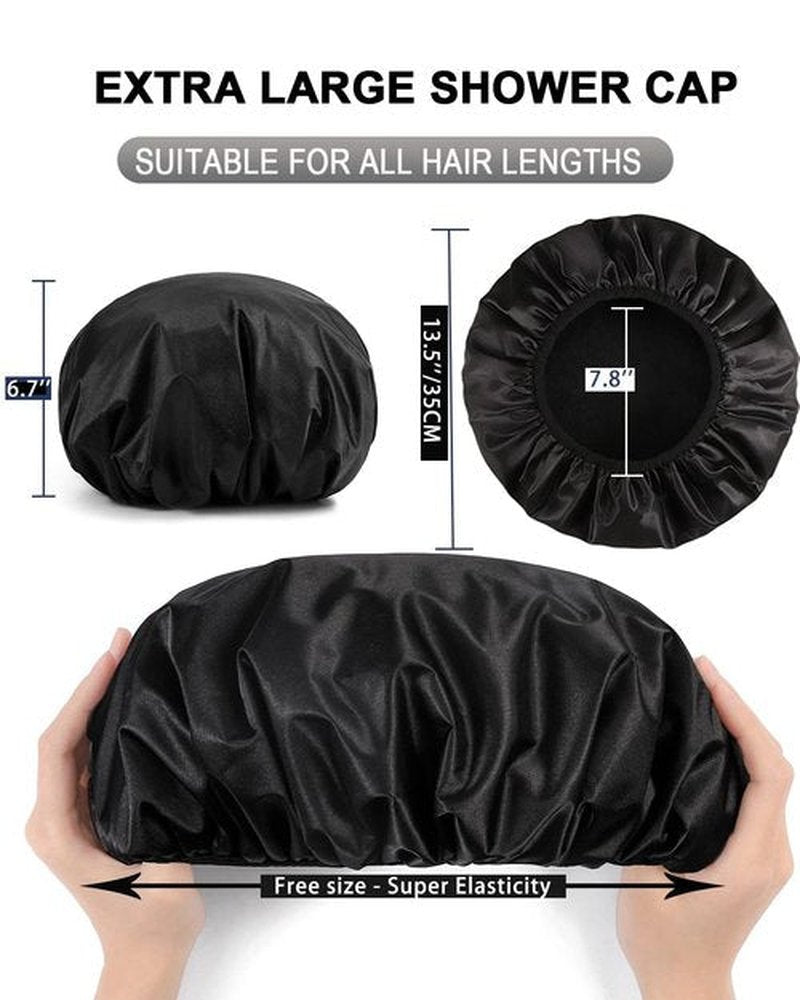 YIZIJIZI Terry Lined Shower Cap,Triple Layer Large Cap for Women,Shower Cap Reusable Waterproof,Long Thick Hair(Black)