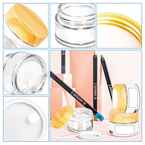 MotBach 6 Pack 1oz Glass Jars with Lids 60ml Mini Round Clear Glass Jars with Inner Liners and Spatulas, Travel Size Containers Jars for Toiletries Creams Makeup Cosmetic Sample Lotion (Woodgrain Lid)