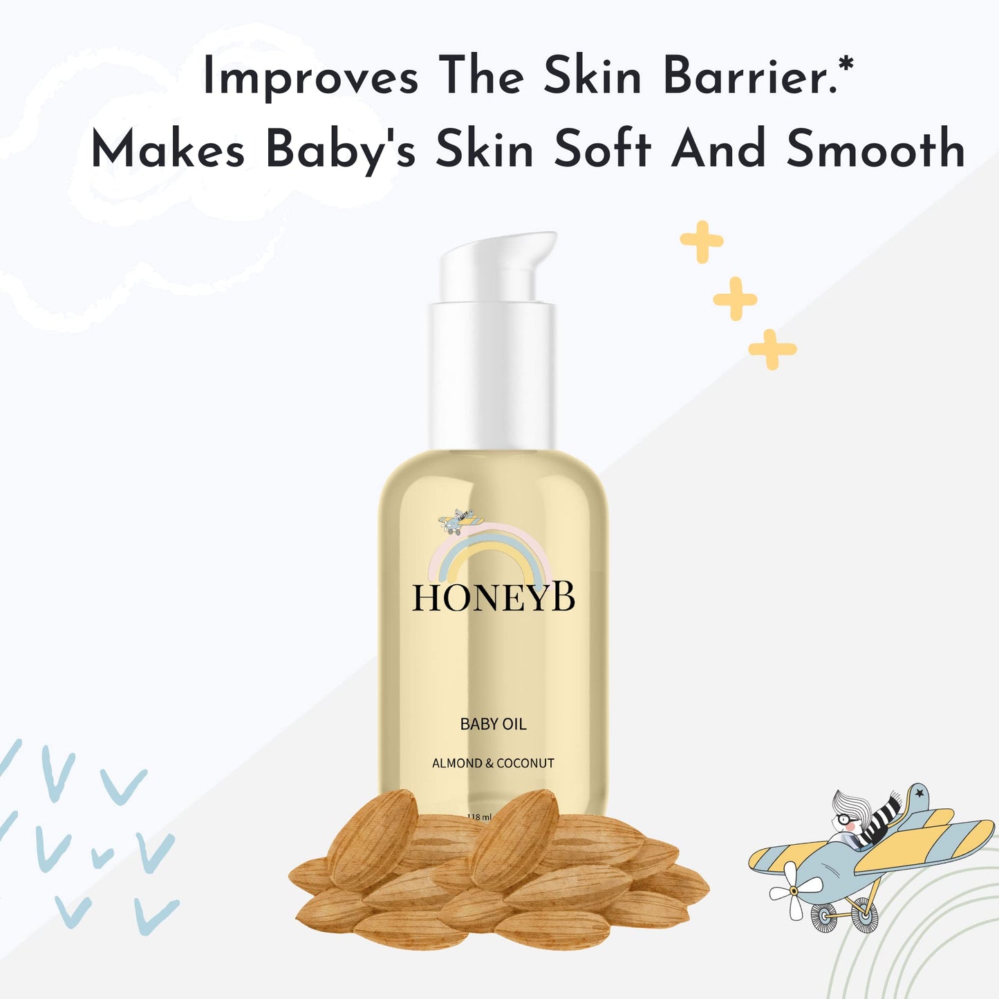 HoneyB Soothing Baby Oil with Almond & Coconut Oils for Increased Hydration - Clean and Plant-Based Baby Coconut Oil for Newborn, Baby Massage Oil, Coconut Baby Oil, 4oz