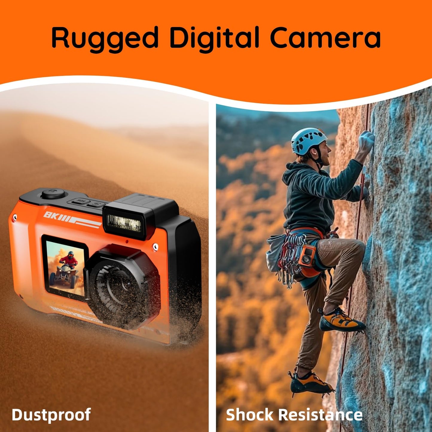 8K Underwater Camera - MaxMango 70MP 33FT Waterproof Camera with 64G Card - Underwater Digital Camera for Snorkeling Floatable Dual-Screen Selfie 2500mAh Battery Point and Shoot Digital (Orange)